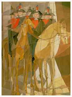 'Carabinieri a cavallo' (1985). Tempera su cartone, cm.45x30, Ninni Verga (1932 - vivente). Proprietà del Comando Generale dell'Arma dei Carabinieri, Roma.