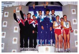 Stefano Giommoni, Fabio Nebuloni, Michele di Bernardino, sul gradino più alto del podio dei Mondiali Militari del 1997.