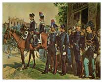 Carabinieri a cavallo e a piedi in piccola e grande uniforme (1893). I due militari sulla destra sono di altro Corpo.