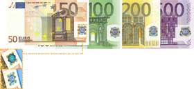 Recto di banconote da cinquanta, cento, duecento e cinquecento euro.