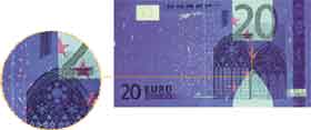 Recto di banconota da venti euro analizzata con la luce ultravioletta.