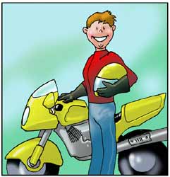 Un uomo posa soddisfatto davanti alla sua motocicletta.
