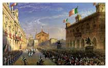 Piacenza, 7 maggio 1859: Vittorio Emanuele II, preceduto dai Carabinieri, entra solennemente nella città emiliana.