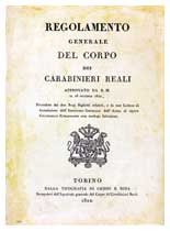 Copertina del Regolamento Generale del Corpo dei Carabinieri Reali - 16 ottobre 1822