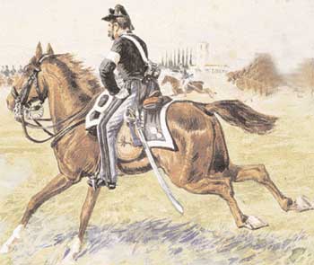 Carabiniere a cavallo portaordini durante una grande manovra militare.