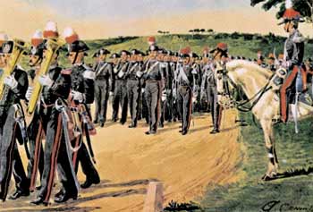 Rassegna militare al Campo di Marte in Roma (1885). La formazione è preceduta dalla Fanfara della Legione Allievi Carabinieri.