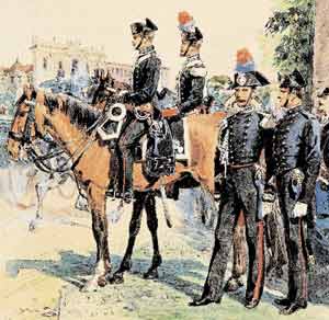 Quinto Cenni 'Allievi Carabinieri a cavallo e a piedi in piccola uniforme e appuntato a cavallo e a piedi in grande uniforme' (1893).