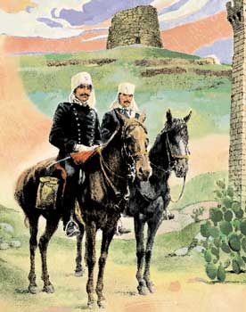 Ufficiale e carabiniere in servizio di perlustrazione a cavallo in Sardegna in una tavola di Ermanno Jaia.