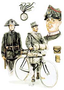 Tavola di Giorgio Cantelli raffigurante due militari ciclisti è un carabiniere guardia del re (corazziere) in tenta grigio-verde da guerra.