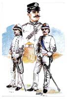 Le uniformi bianche impiegate in Africa dai Carabinieri alla fine dell'Ottocento: al centro, un maresciallo d'alloggio; in basso, due tenenti.