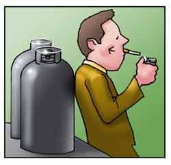 Vignetta raffigurante un uomo che, distrattamente, si accende la sigaretta vicino a due bombole di gas.