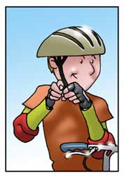 Ragazzo in bicicletta che si mette il casco protettivo.