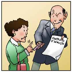 Un uomo propone ad una donna anziana di fare un acquisto conveniente.